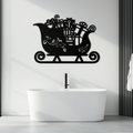 Christmas sleigh metal wall art, black sleigh design centered above bathtub
