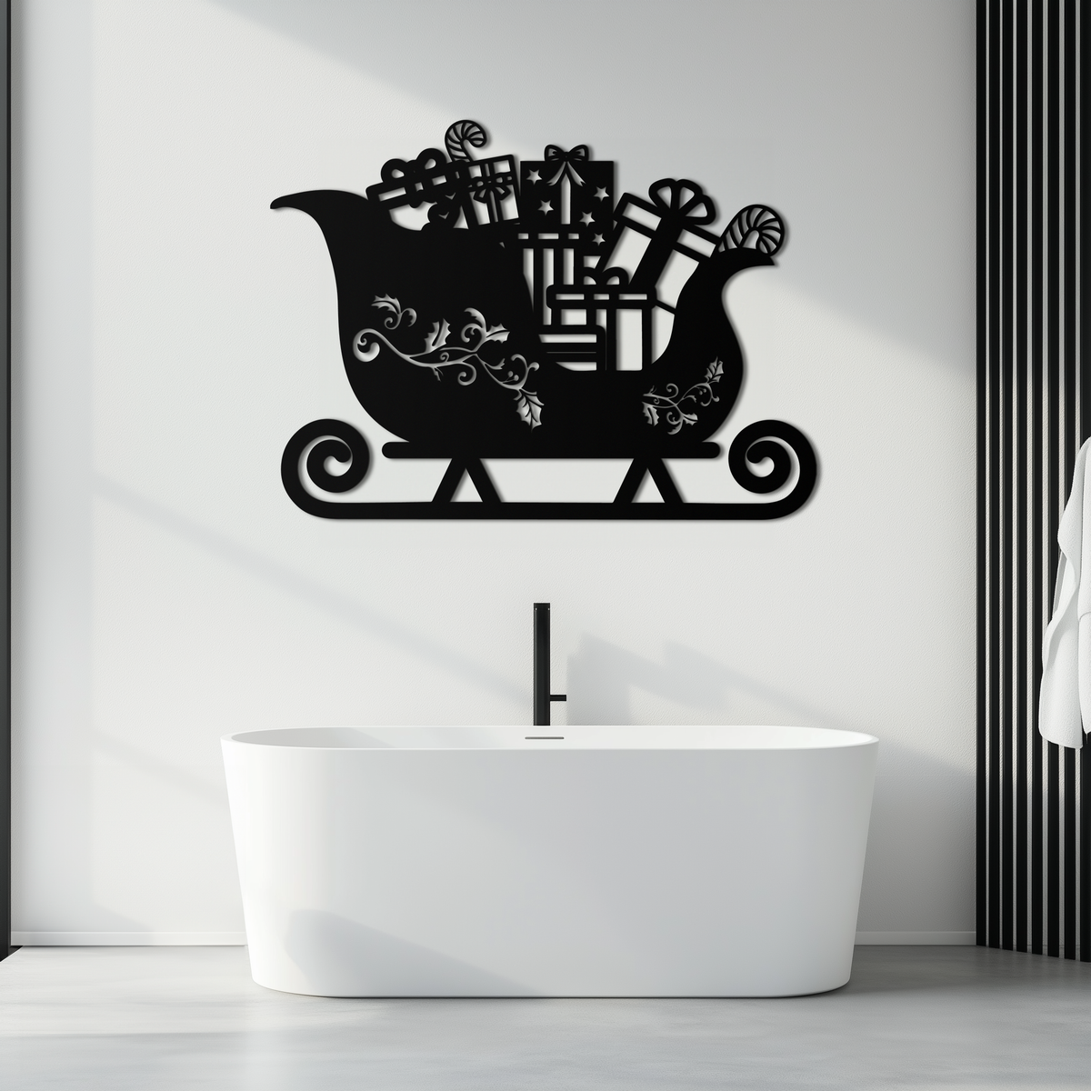 Christmas sleigh metal wall art, black sleigh design centered above bathtub