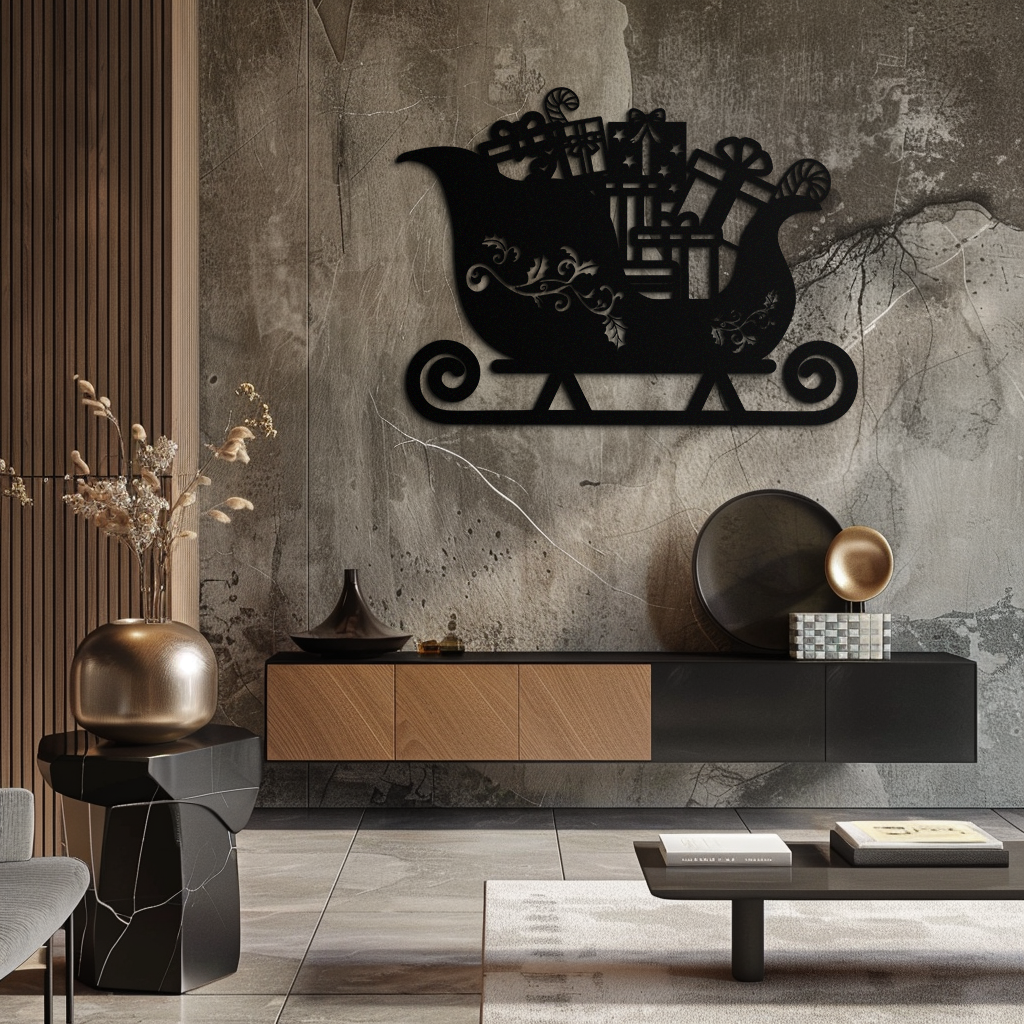Christmas sleigh metal wall art, black sleigh silhouette on textured wall
