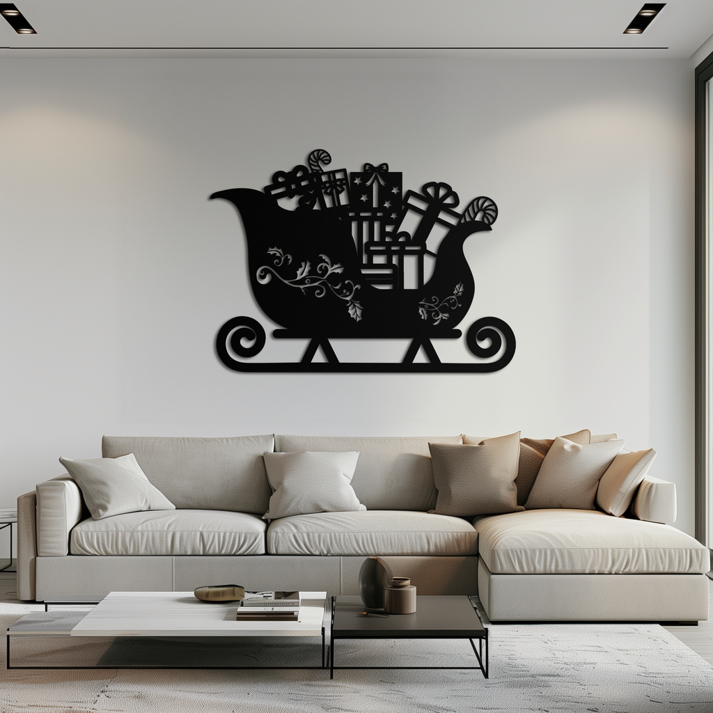 Black metal sleigh wall art with gift boxes and ornate scrollwork runner base