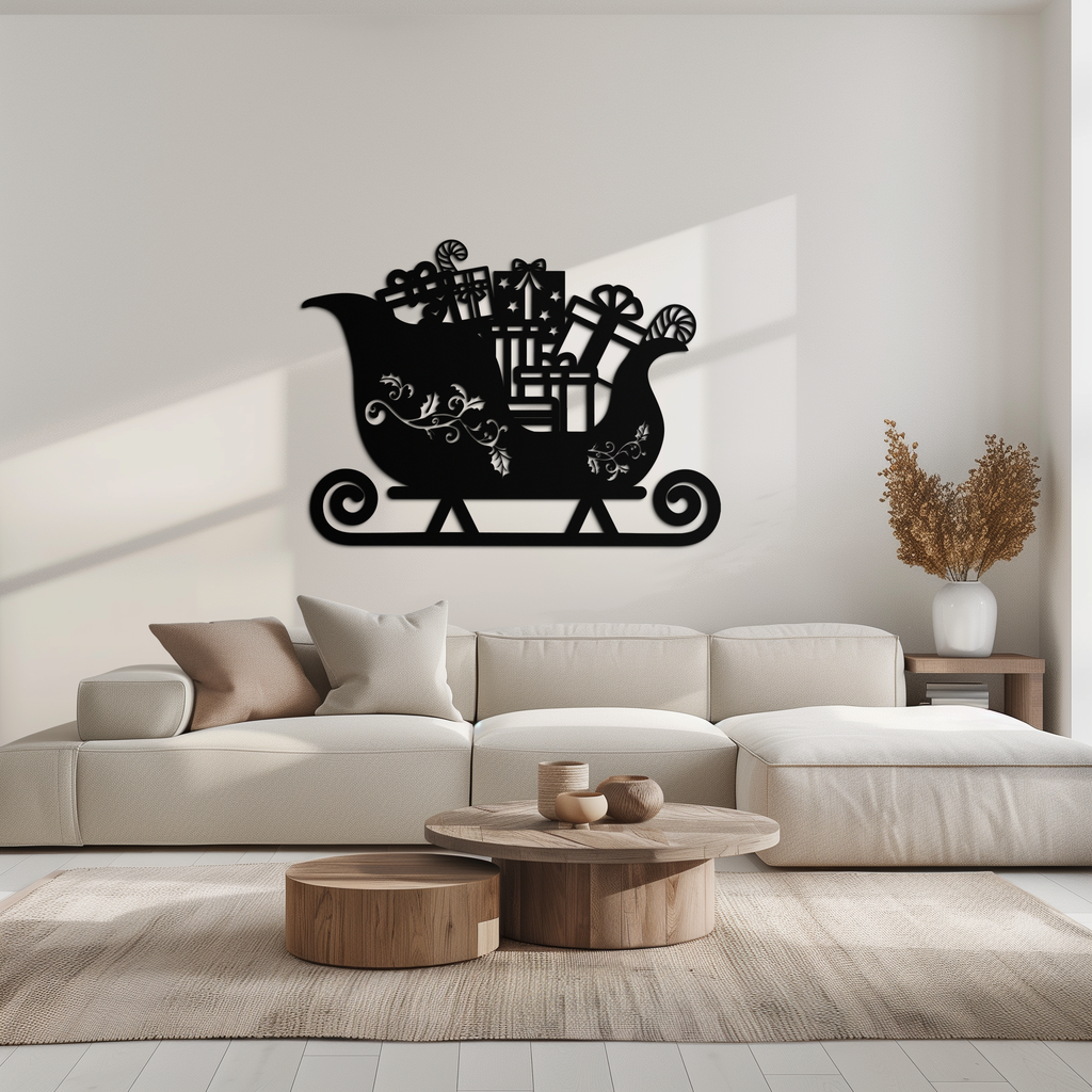 Christmas sleigh metal wall art, black metal silhouette with ornate gift details