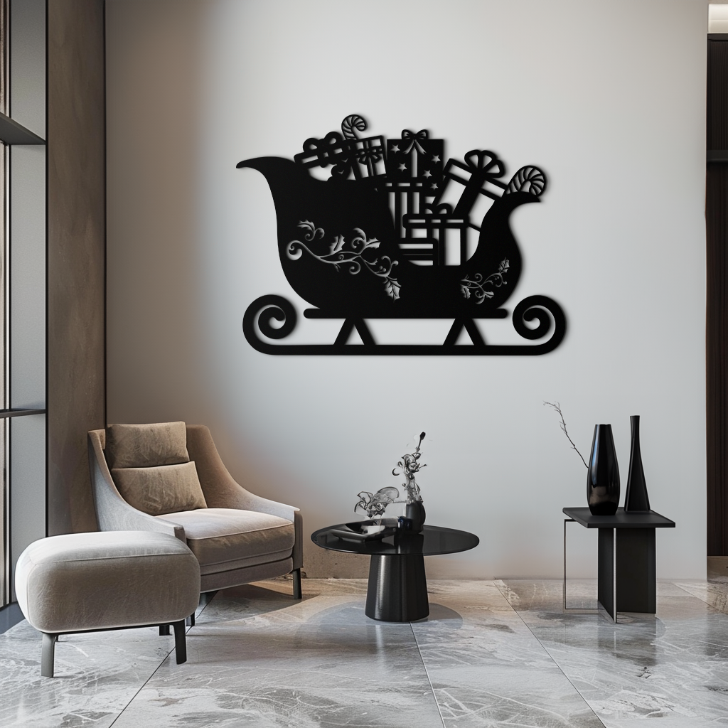 Christmas sleigh metal wall art, black sleigh with gift boxes and curved runners