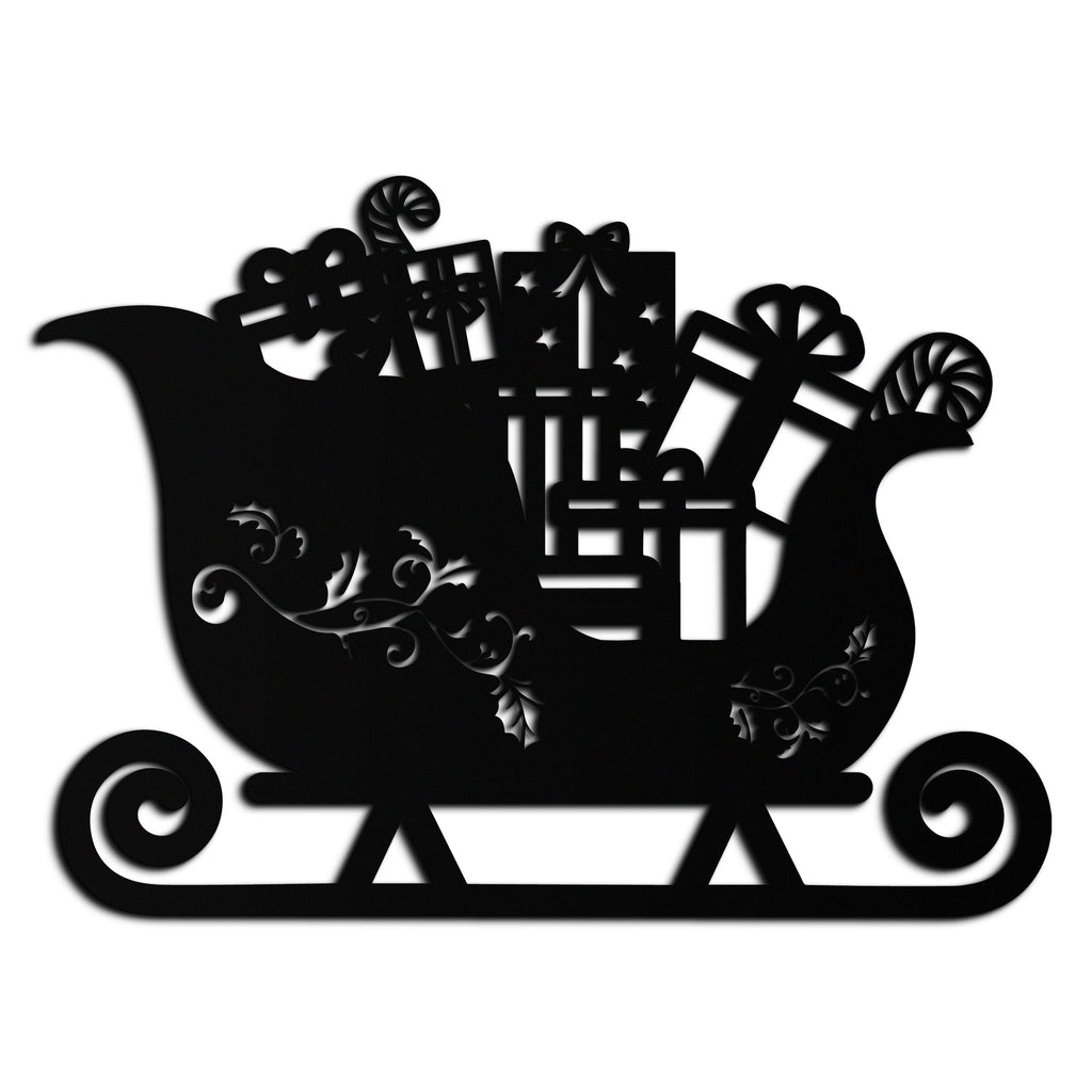 Close-up of Christmas sleigh metal wall art, black silhouette with gift and stars