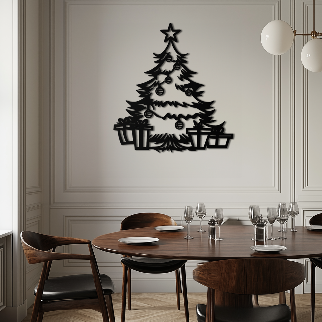 Christmas tree metal wall art with star topper, evergreen, and gift boxes; black.