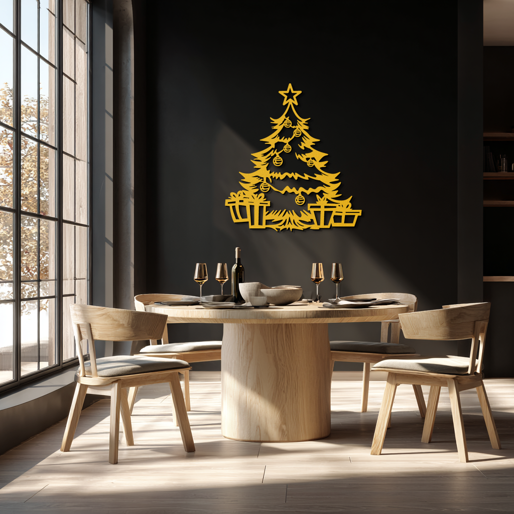 Christmas tree metal wall art with star topper and gift boxes; gold finish.