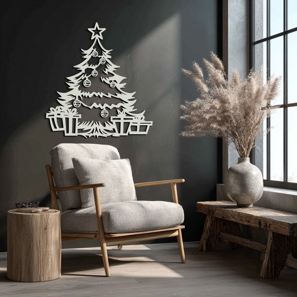 Black metal Christmas tree wall art with star, ornaments, and gift bench