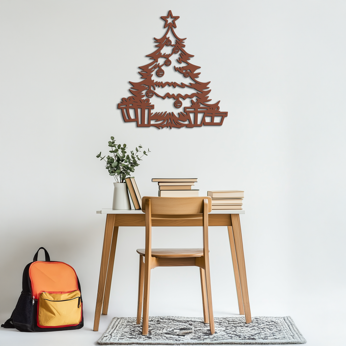 Rust red metal Christmas tree wall art with star, ornaments, and gift bench