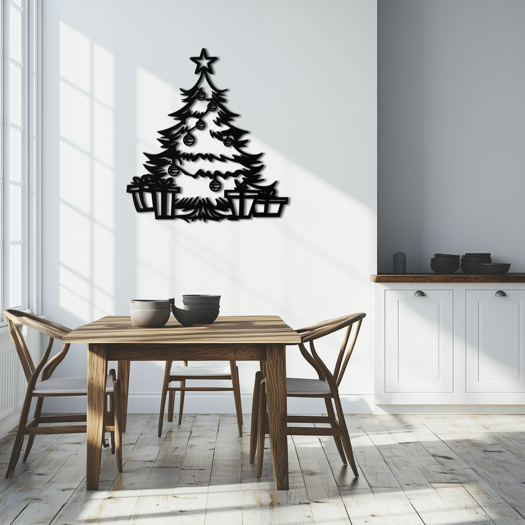 Christmas tree metal wall art showing star, evergreen branches, and gift boxes; black.