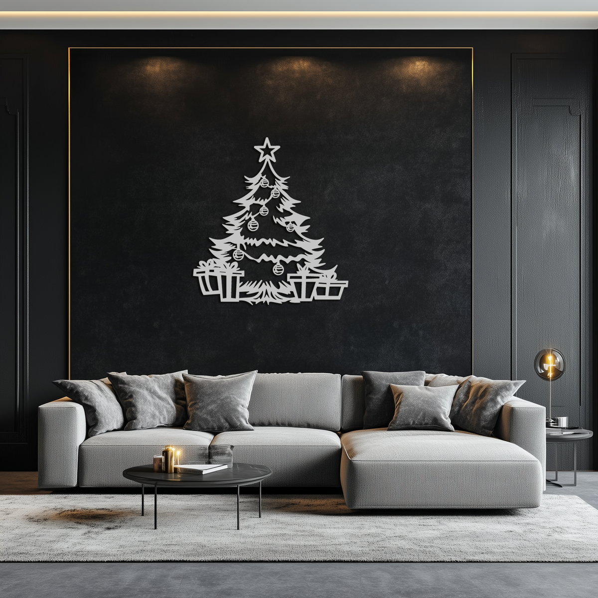 Christmas tree metal wall art with star topper, evergreen tree, and gift boxes; white.