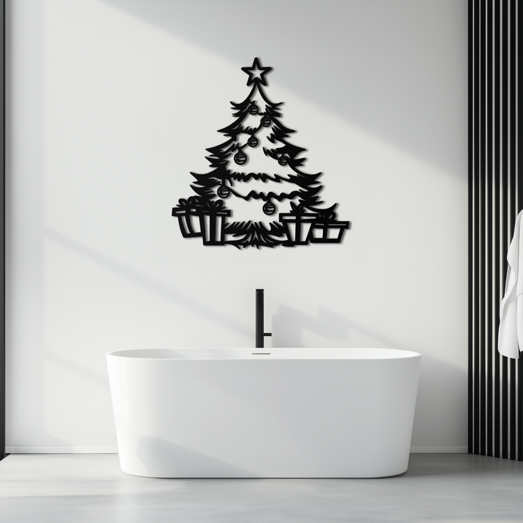Christmas tree metal wall art with star topper and gift boxes; black metal cutout.