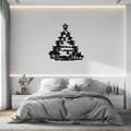 Christmas tree metal wall art with star topper, evergreen details, and gift boxes; black.