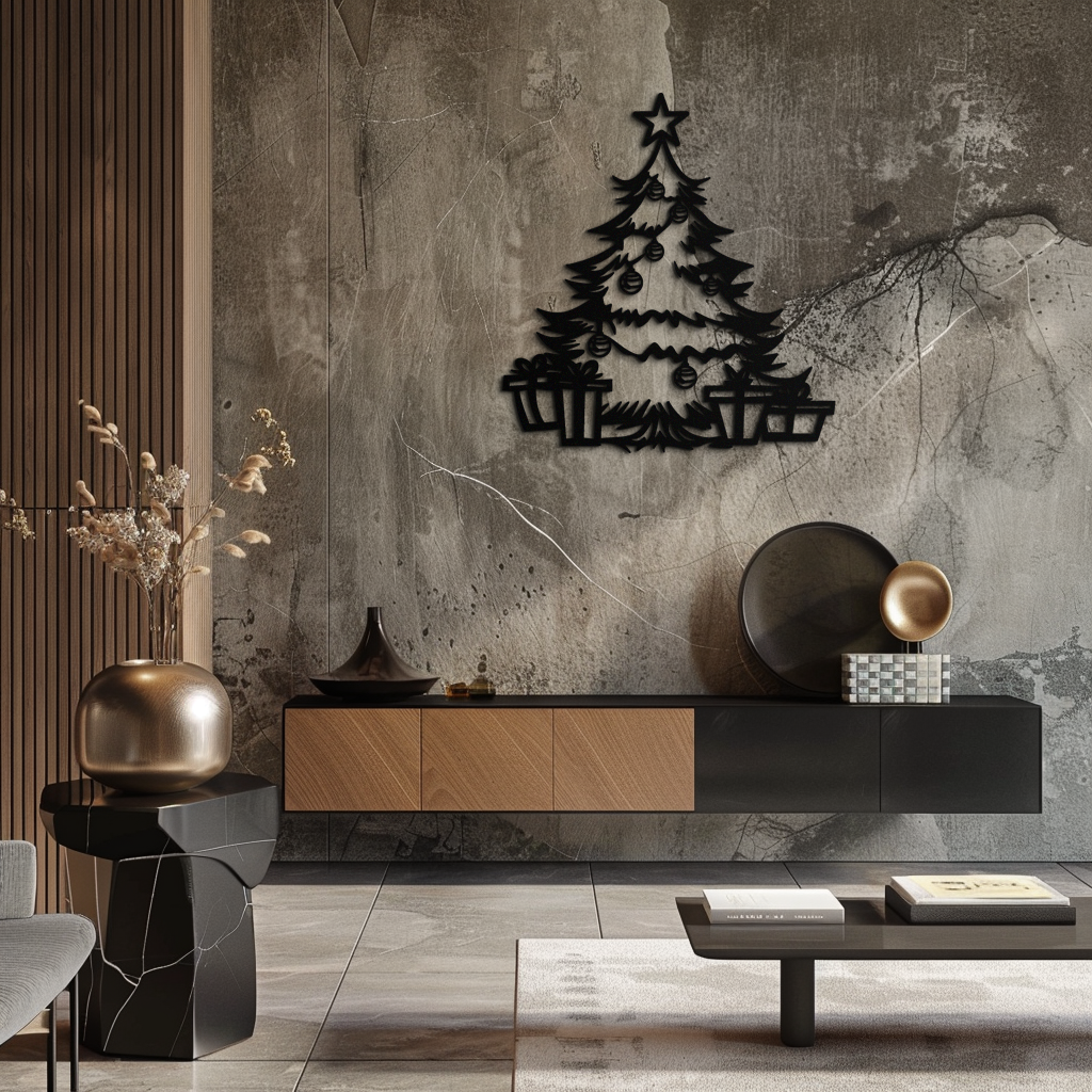 Christmas tree metal wall art with star topper, layered tree, and gift boxes; black.