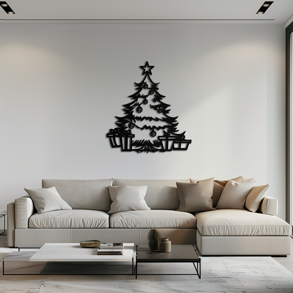 Christmas tree metal wall art featuring star, evergreen tree, and gift boxes; black.