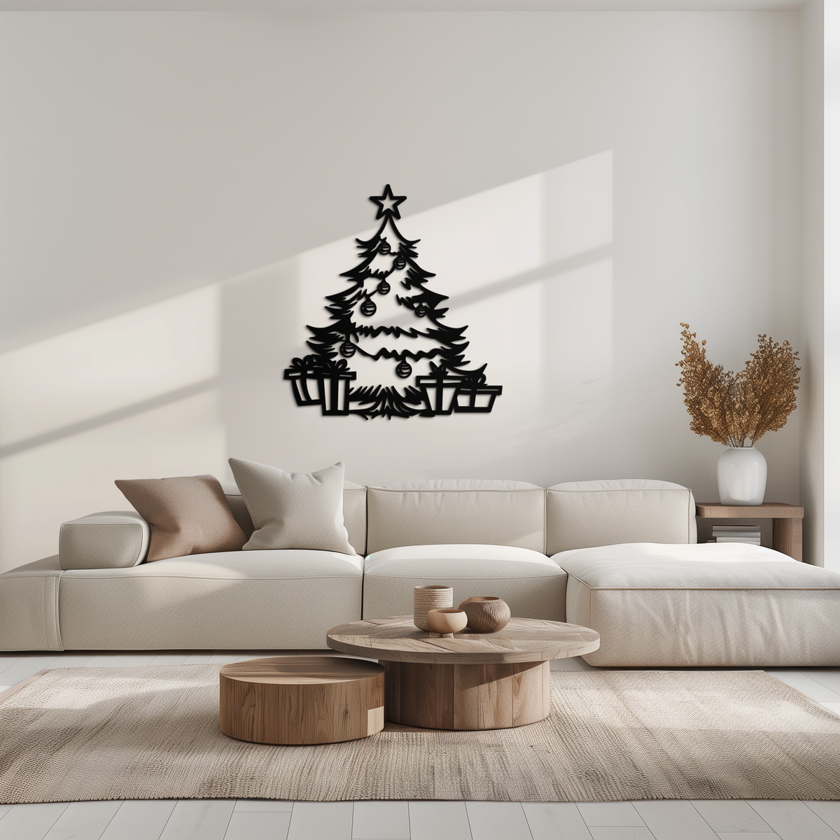 Christmas tree metal wall art with star above evergreen and gift boxes; black.