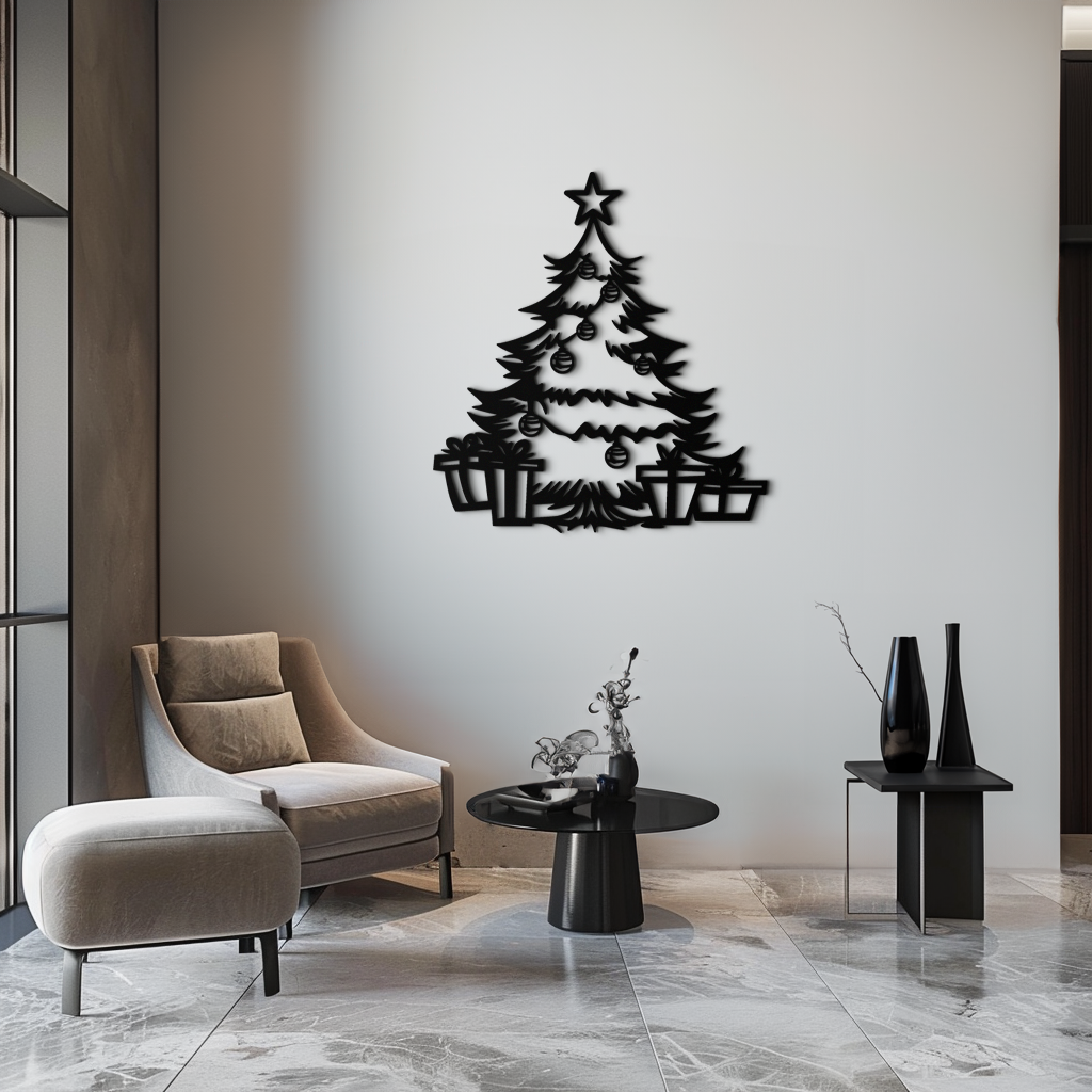 Christmas tree metal wall art with star topper, tree, and gift boxes; black finish.