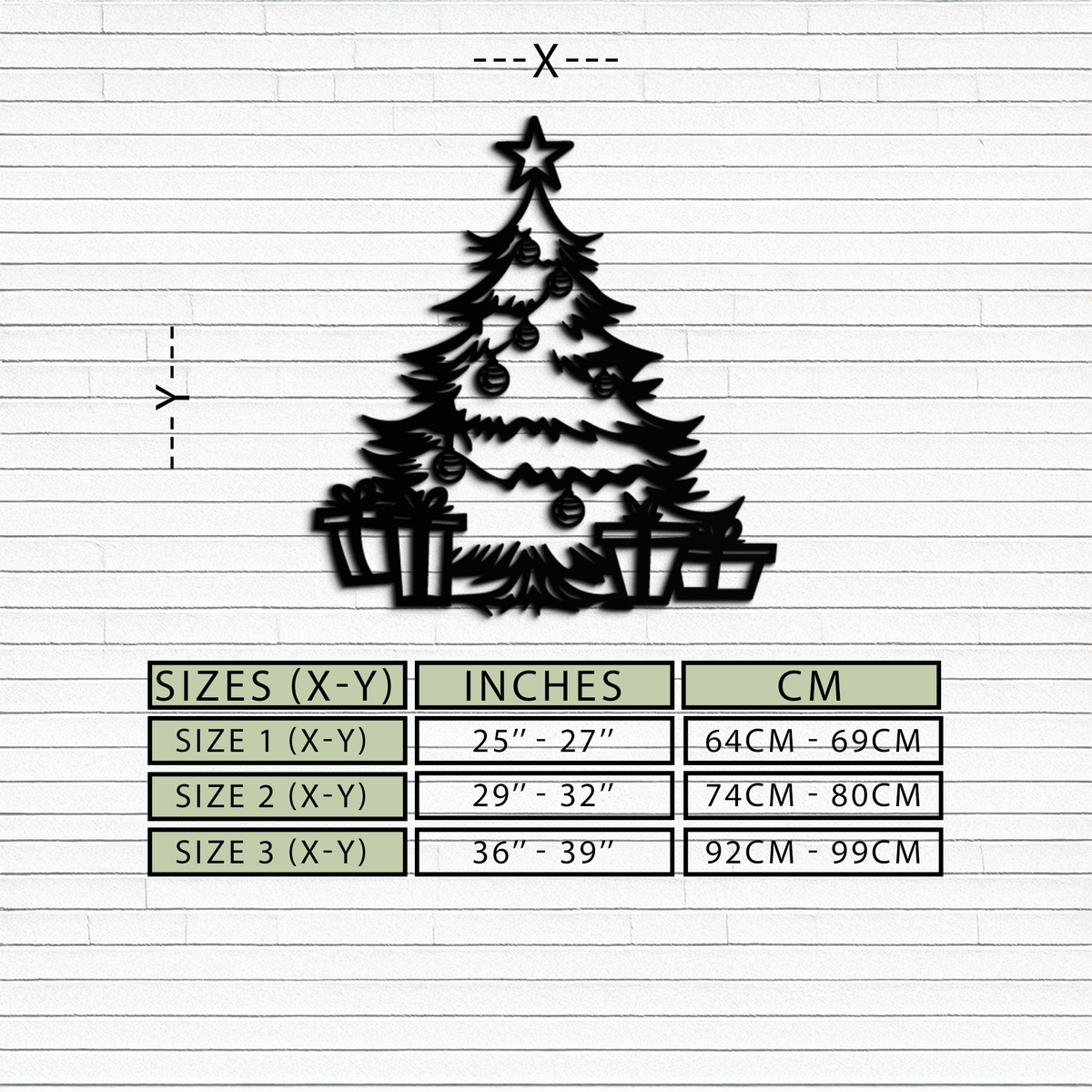 Black metal Christmas tree wall art silhouette with gifts and hanging ornaments