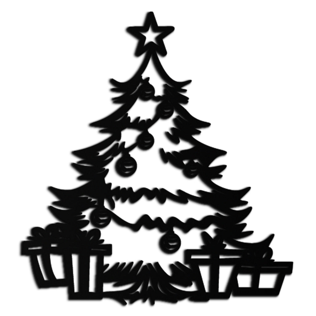 Black metal Christmas tree wall art with star, hanging ornaments, and gift details