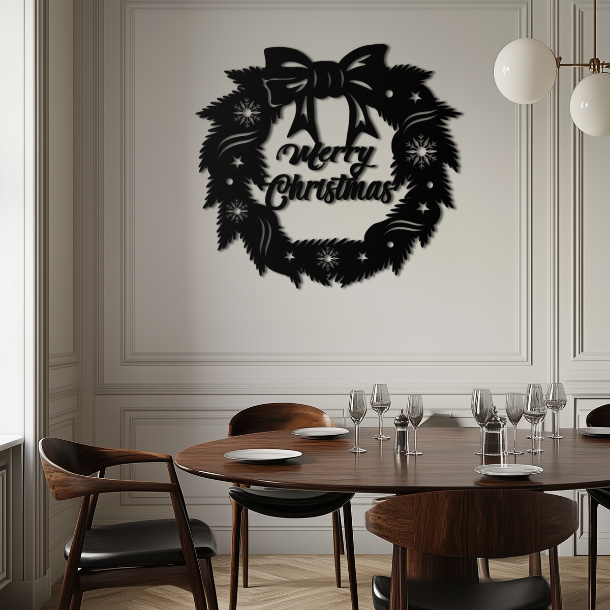 Black Merry Christmas wreath metal wall art with bow and small star details.