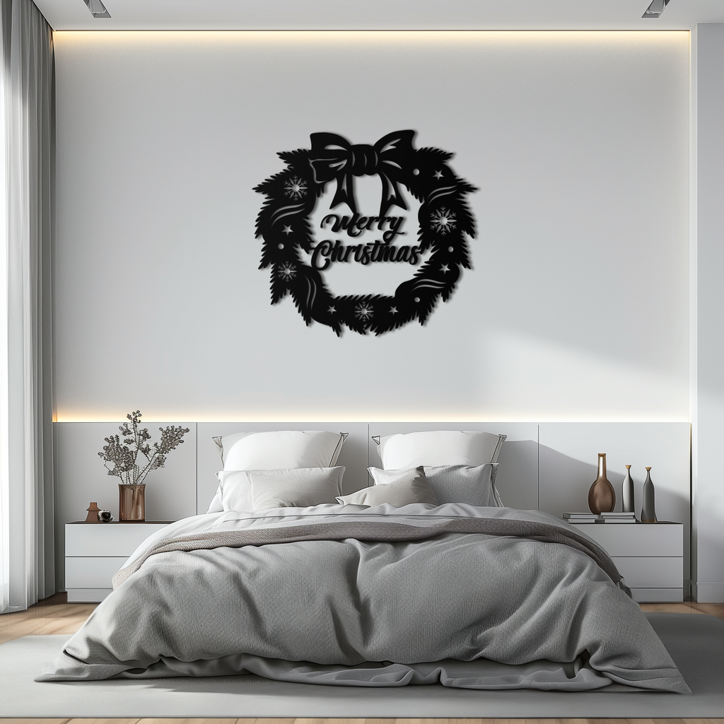 Black Merry Christmas wreath metal wall art with bow and festive star border.
