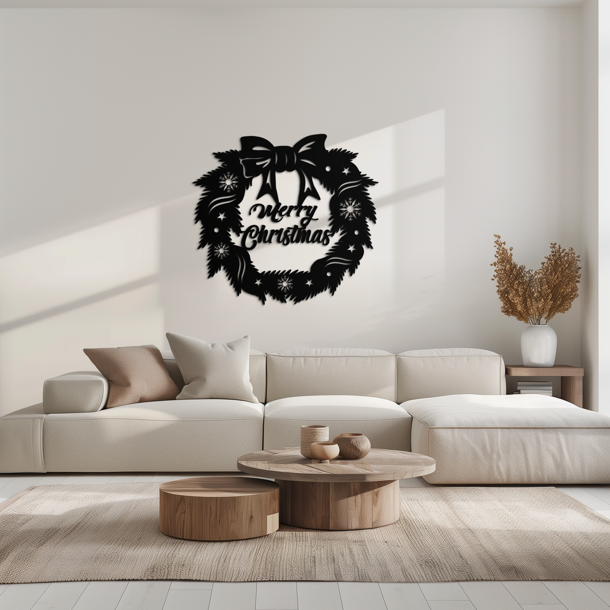 Black Merry Christmas wreath metal wall art with bow and dotted light details.