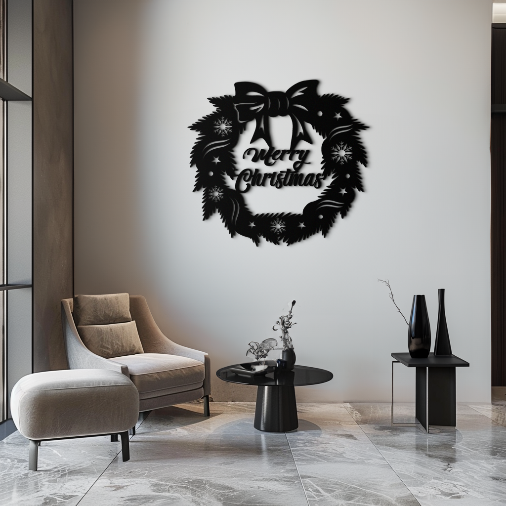 Black Merry Christmas wreath metal wall art with bow and festive wreath design.