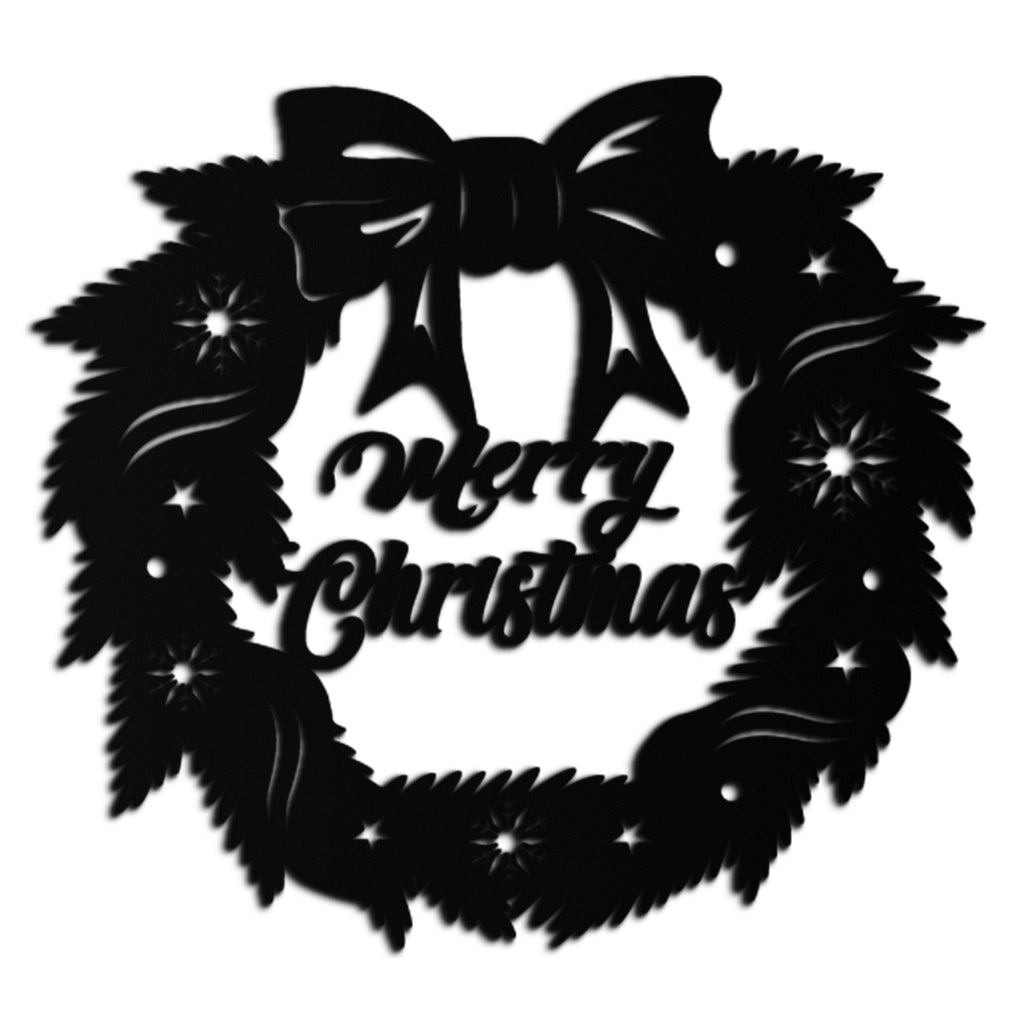 Black metal Christmas wreath wall art close-up with bow and 'Merry Christmas' text