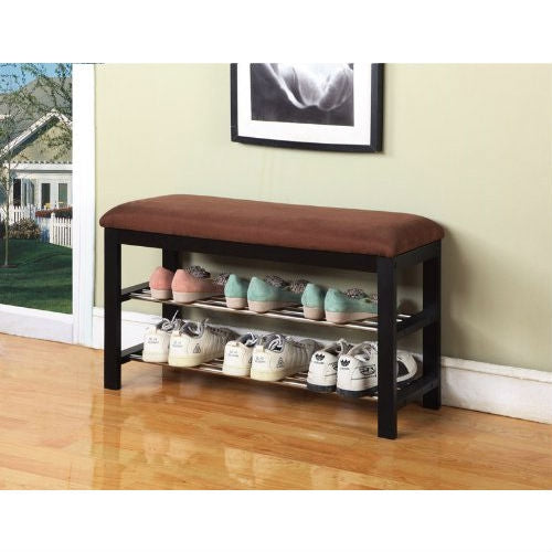 Brown-cushioned storage bench with open shoe rack shelves and dark wood frame