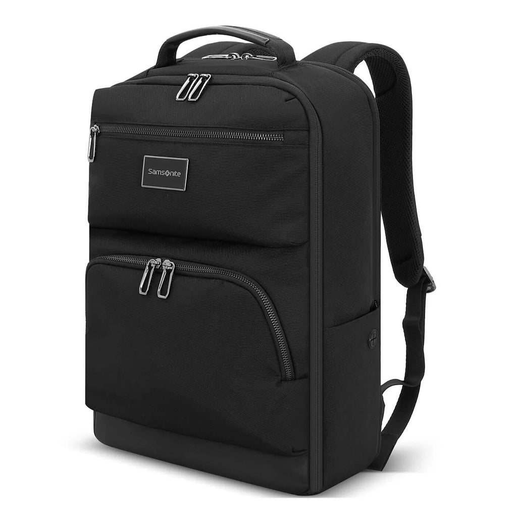 Samsonite black laptop backpack with front zipper pocket and textured fabric body