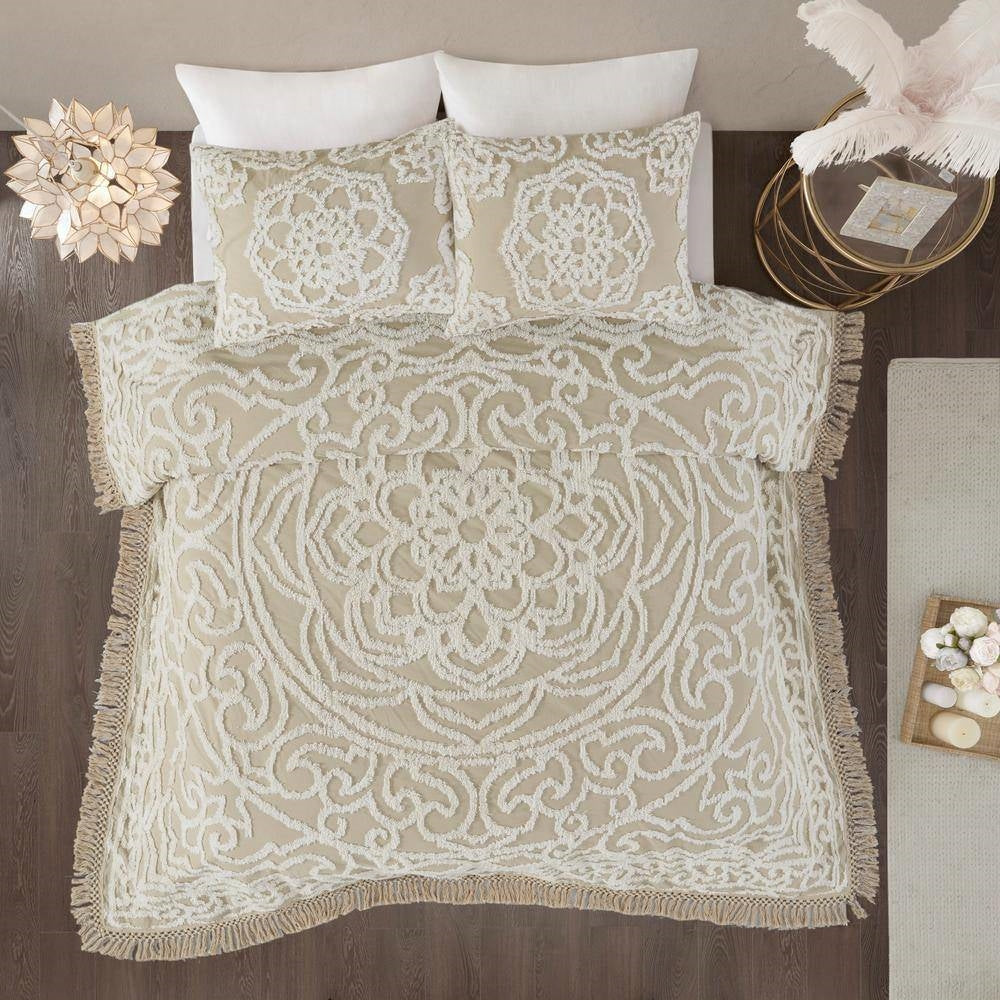 King 100-Percent Cotton Chenille Bedspread with Fringe Hem in Khaki Taupe Beige