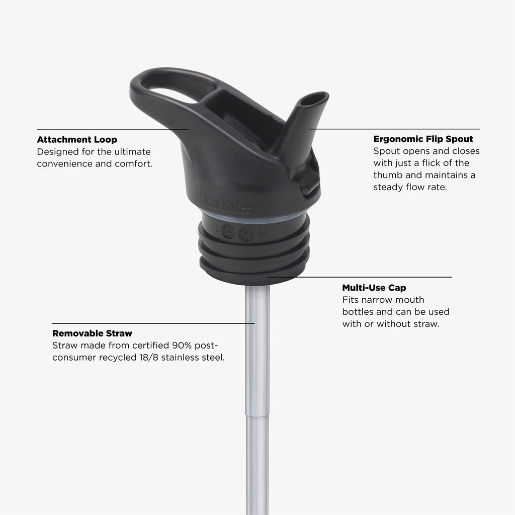 Sport cap system with flip spout, attachment loop, and removable straw for kids bottle