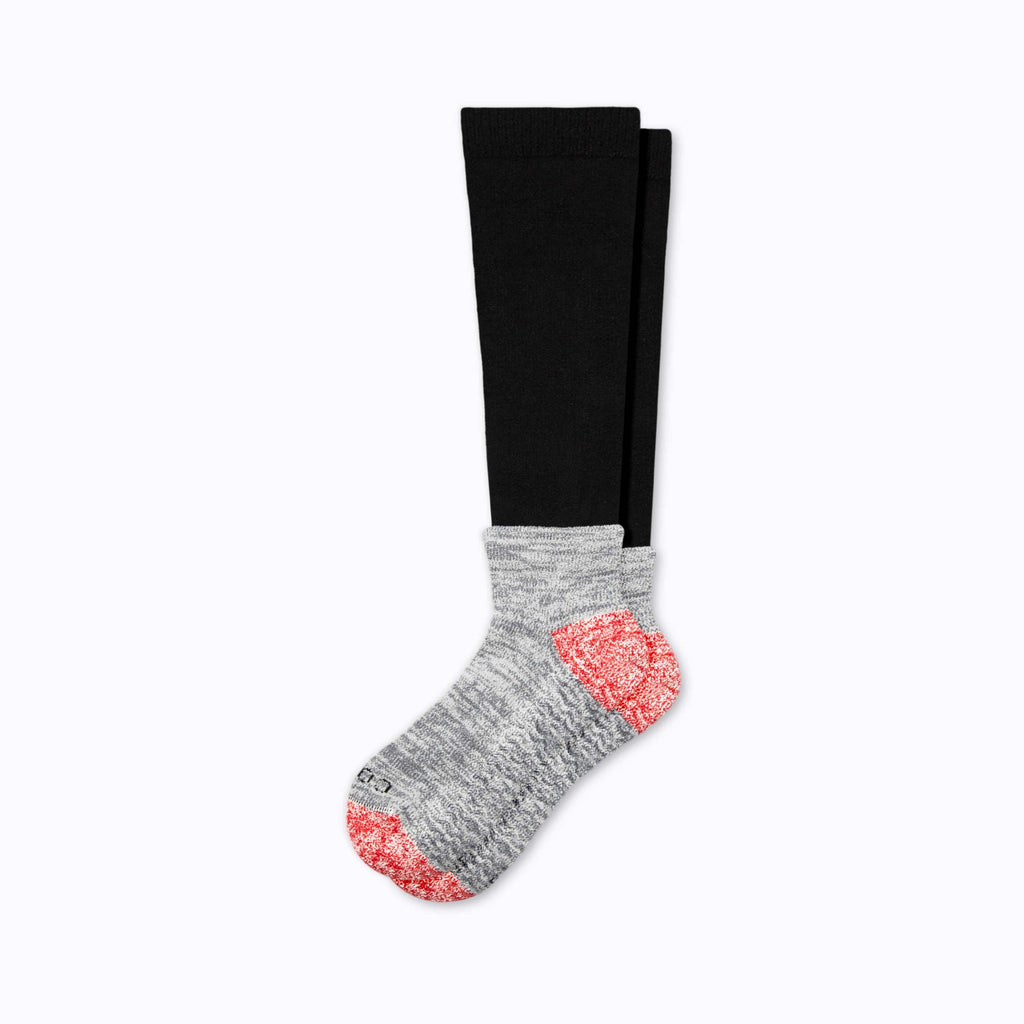 CozyGrip compression slipper socks, black leg with gray foot and red speckled grip sole