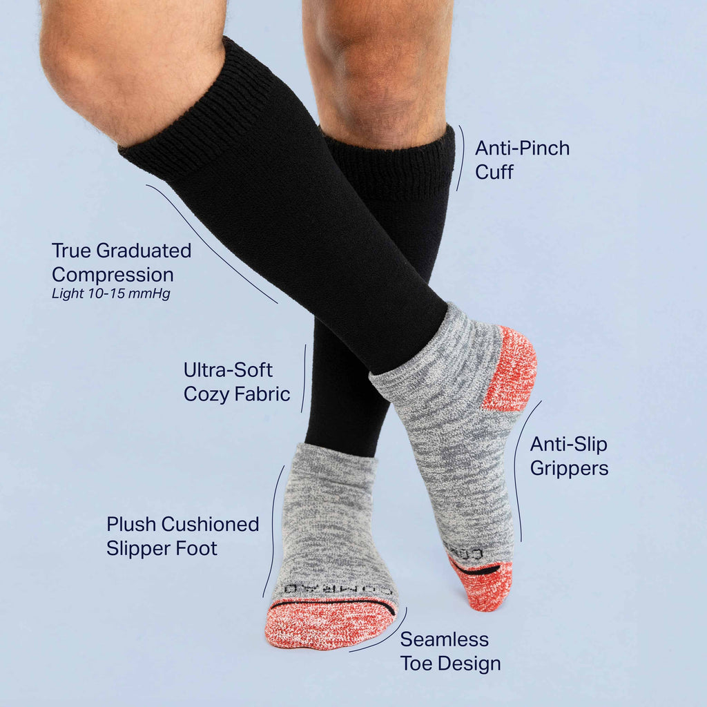 CozyGrip compression slipper socks with black cuff, plush gray foot, red anti-slip toe