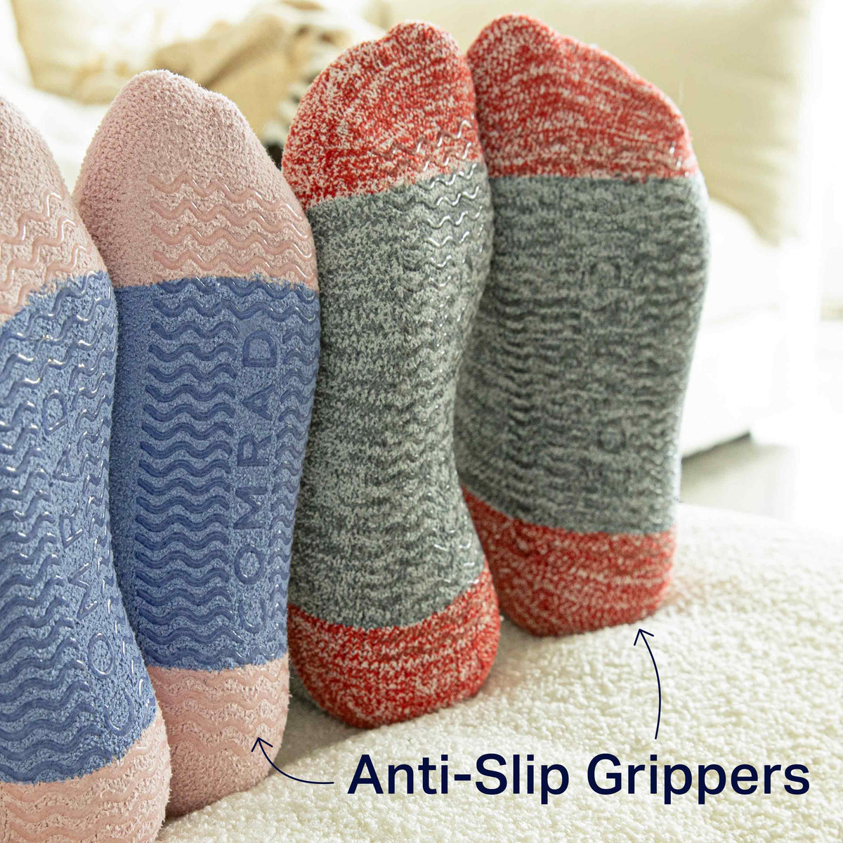 CozyGrip slipper socks with textured anti-slip toe grips and gray knit foot