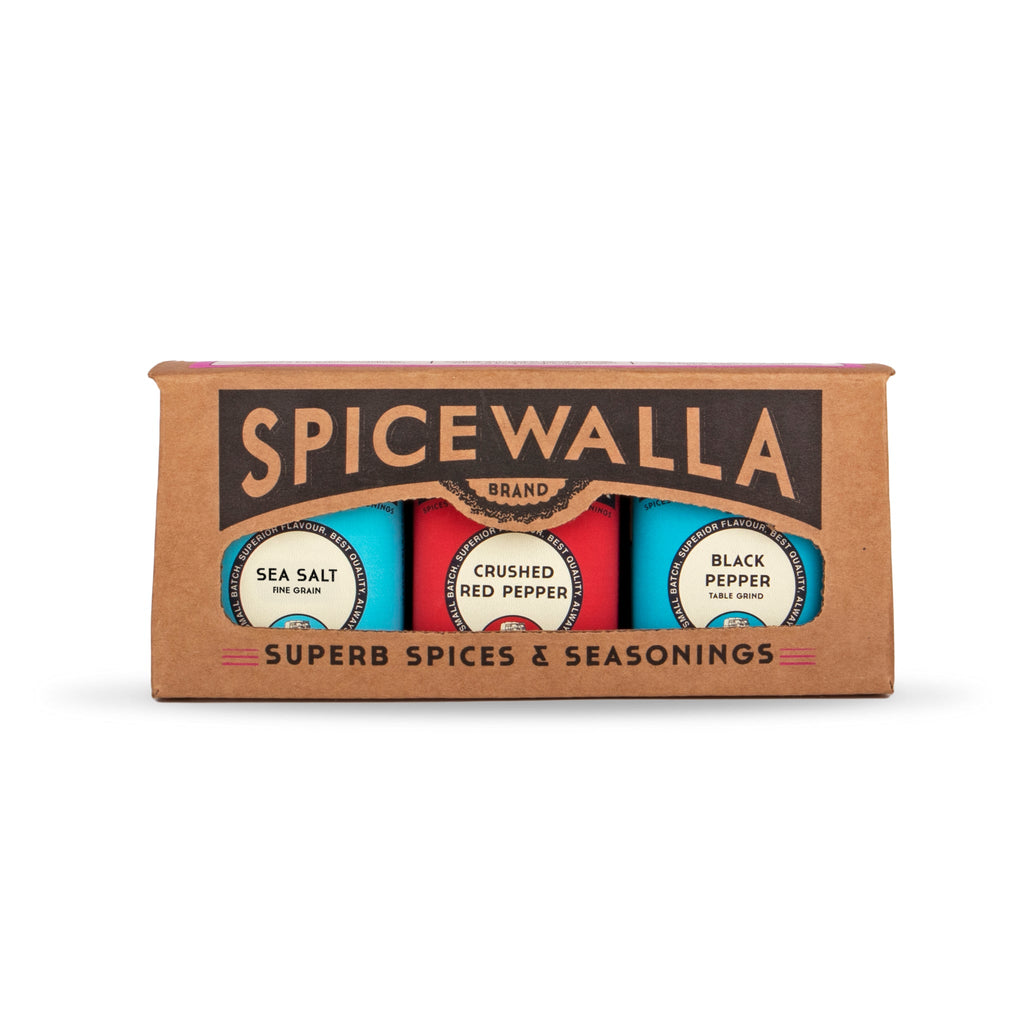 Spice seasoning box with three tin labels: sea salt, crushed red pepper, black pepper