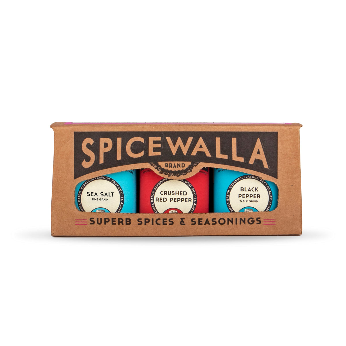 Spice seasoning box with three tin labels: sea salt, crushed red pepper, black pepper