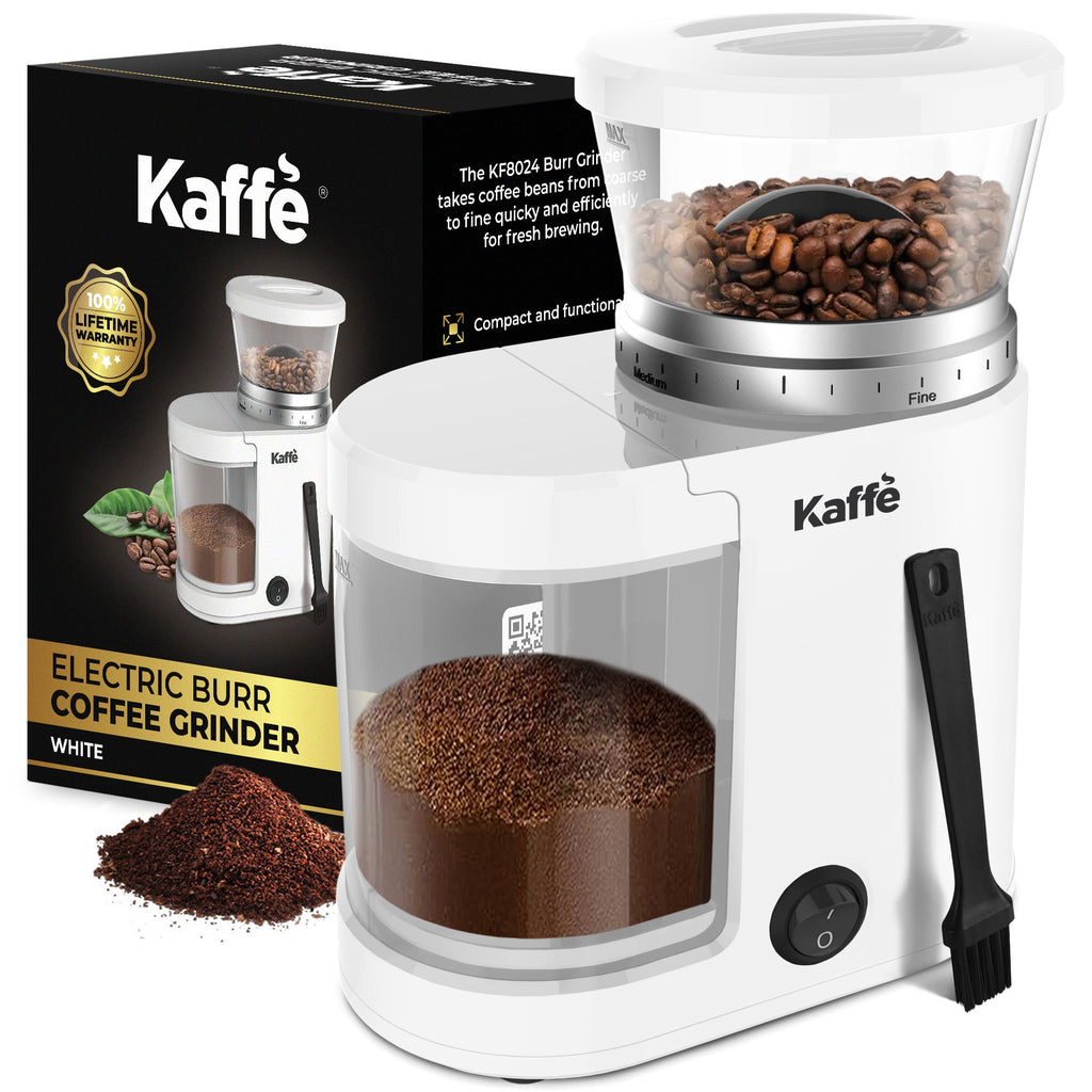 White electric burr coffee grinder with bean hopper and control dial, KF8024
