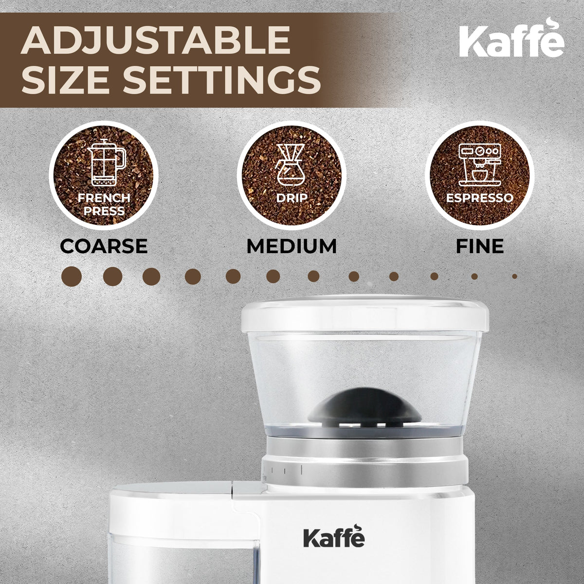 White burr coffee grinder with adjustable grind size settings, KF8024