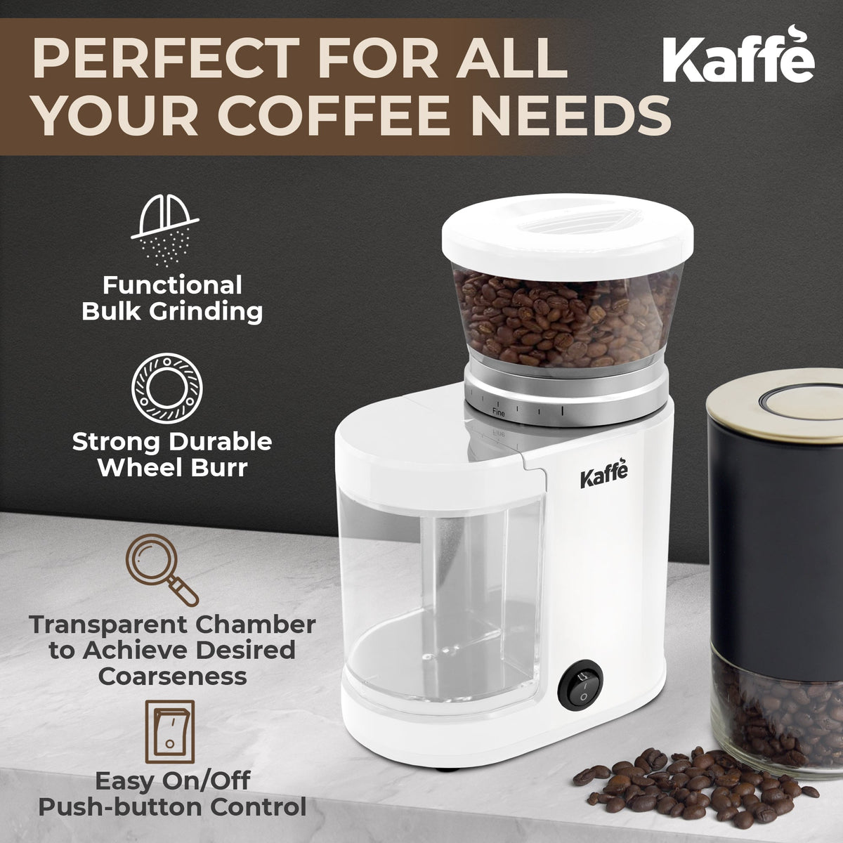 White electric burr coffee grinder with push-button control and transparent chamber, KF8024