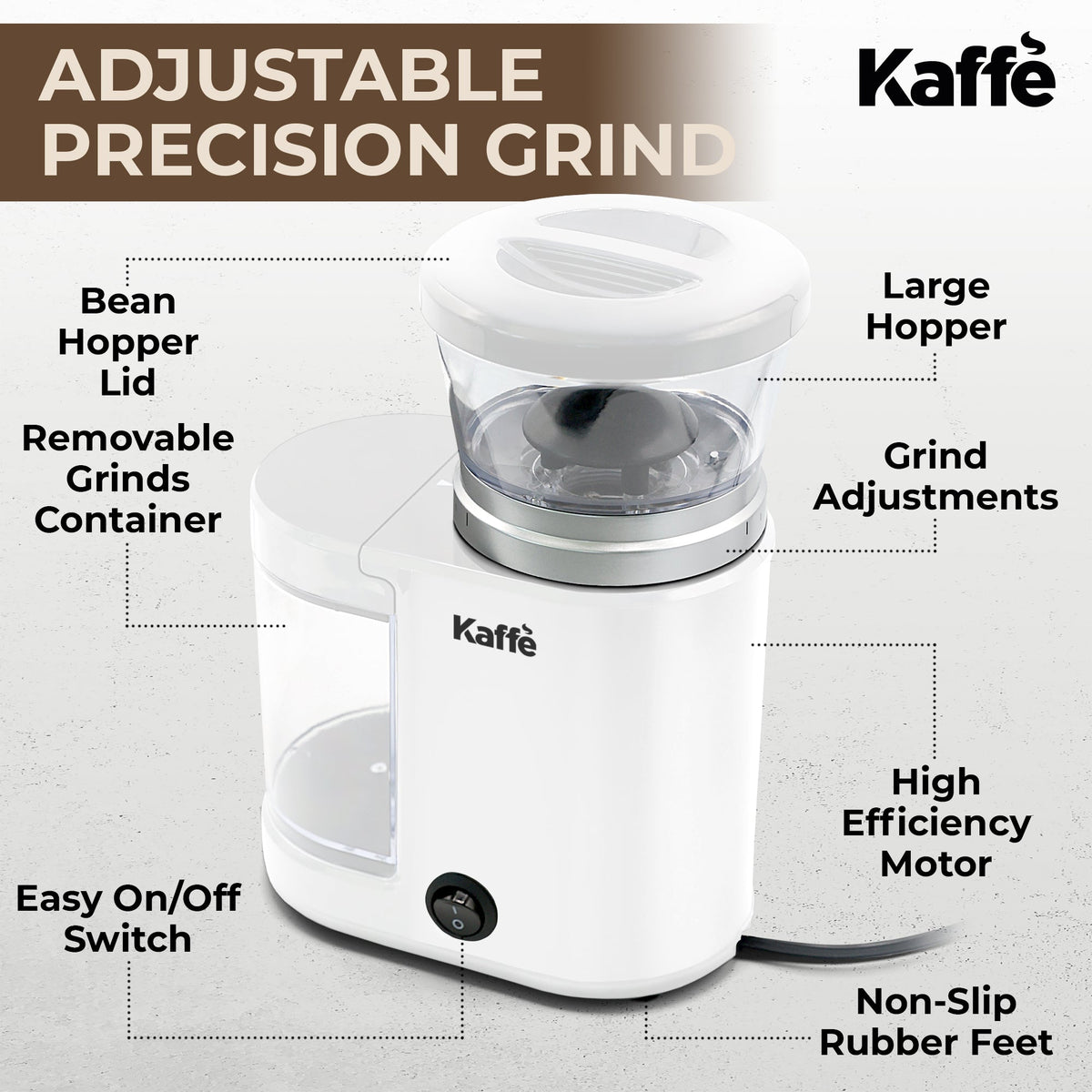 White burr coffee grinder with removable hopper lid and grind adjustment dial, KF8024