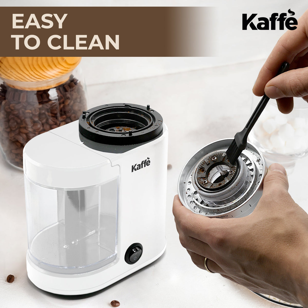 White burr coffee grinder with open chamber and removable burr for cleaning, KF8024