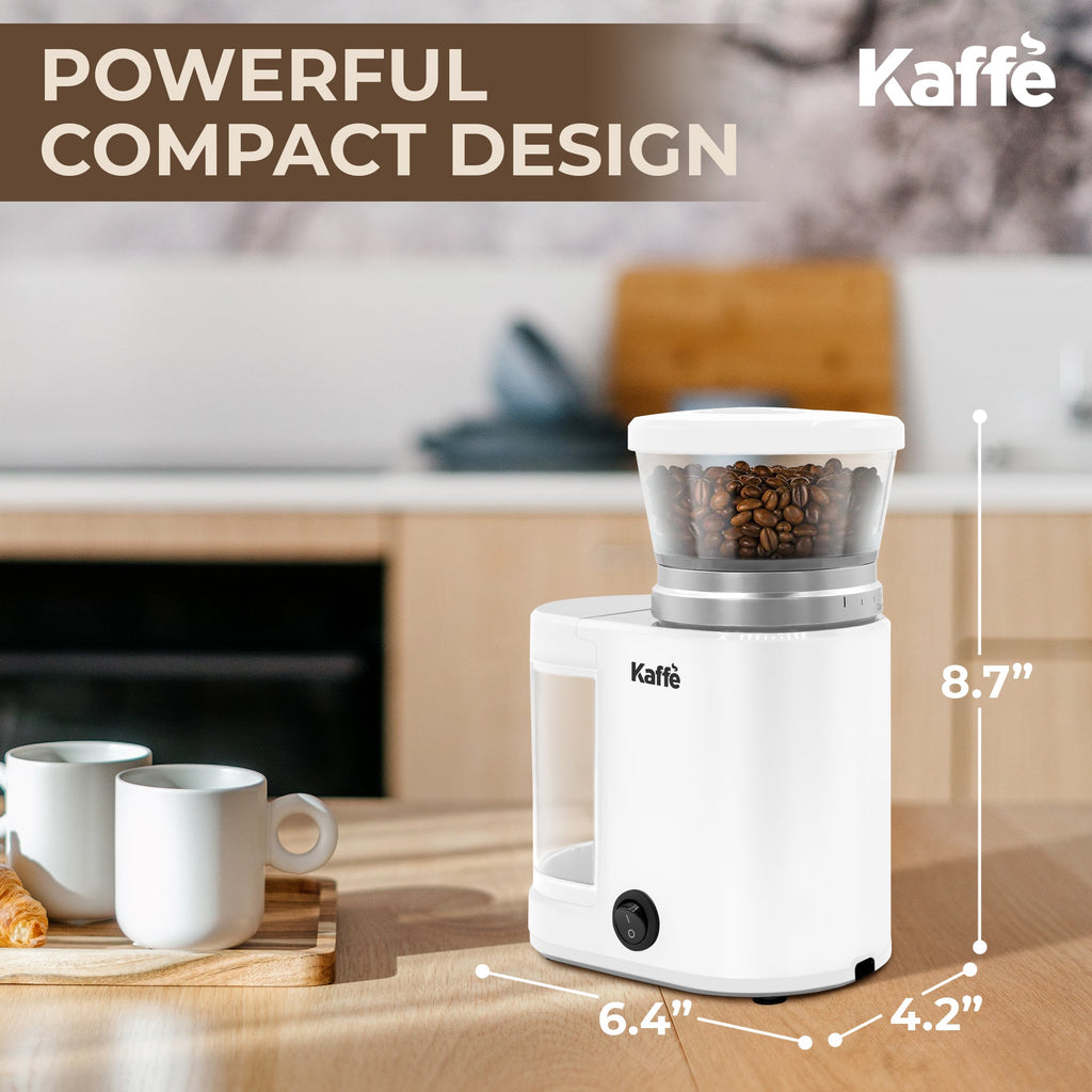 Compact white burr coffee grinder with bean hopper, KF8024