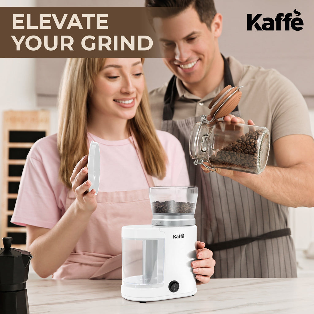 White burr coffee grinder dispensing beans into a mug, KF8024