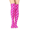 Over-the-knee fleece socks with pink kaleidoscope pattern, footed coverage