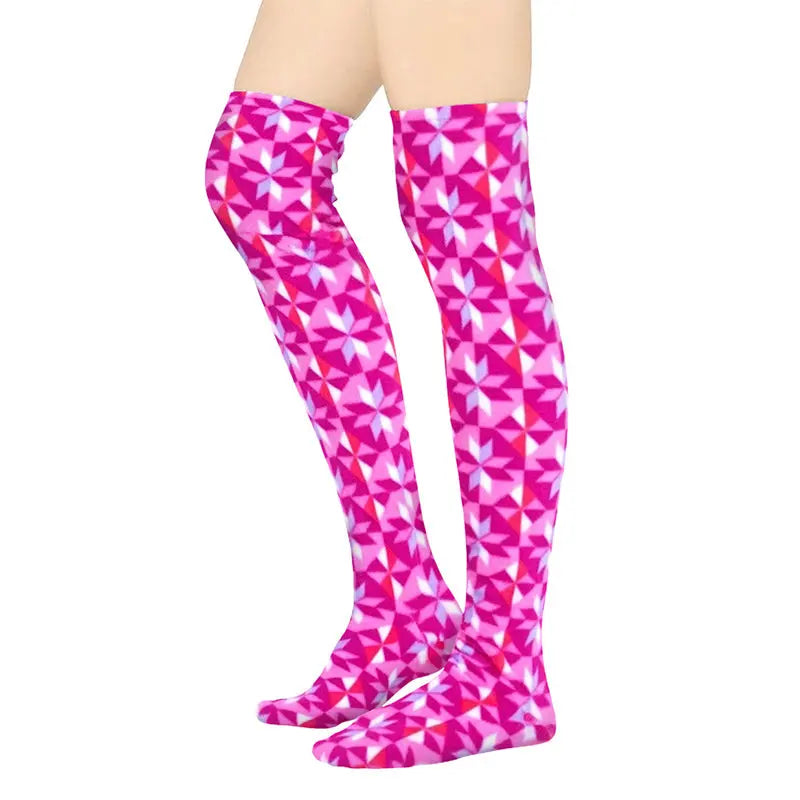 Over-the-knee fleece socks with pink kaleidoscope pattern, full foot coverage