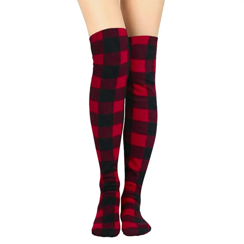 Over-the-knee fleece socks, red and black buffalo plaid with ribbed cuffs