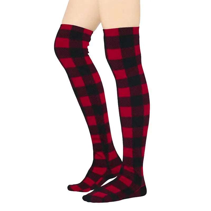 Over-the-knee fleece socks in red-and-black plaid, full foot with heel and toe