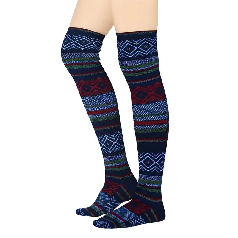 Over-the-knee fleece socks with diamond Nordic pattern, blue base, red green stripes