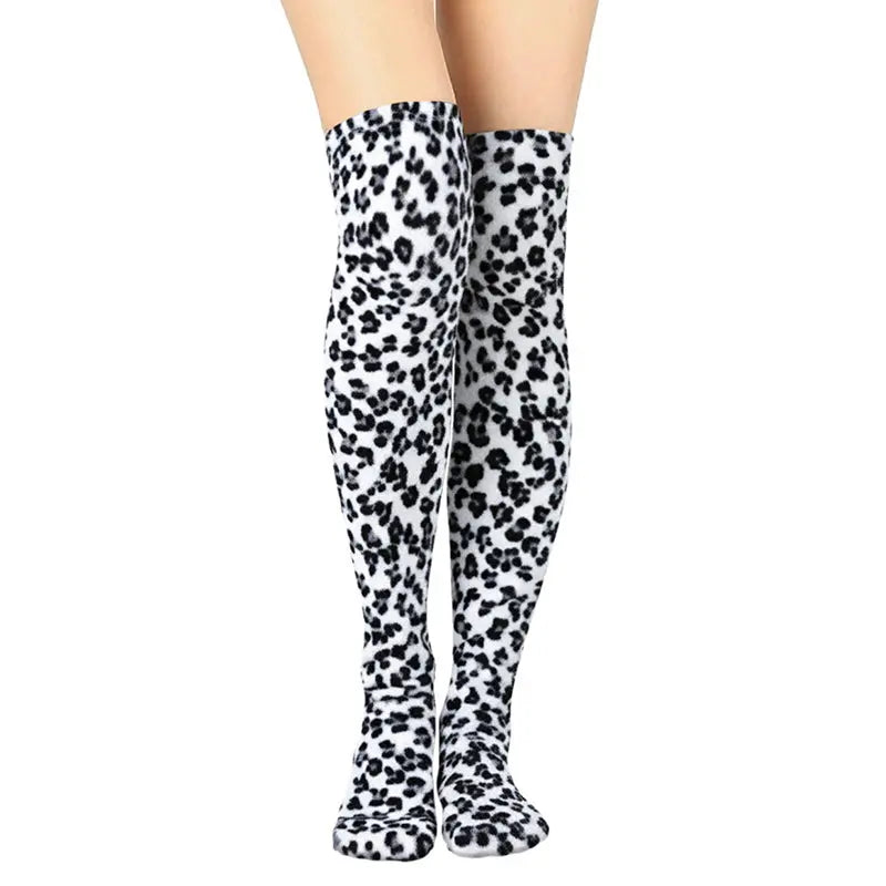 Over-the-knee fleece socks with snow leopard spots, black and white