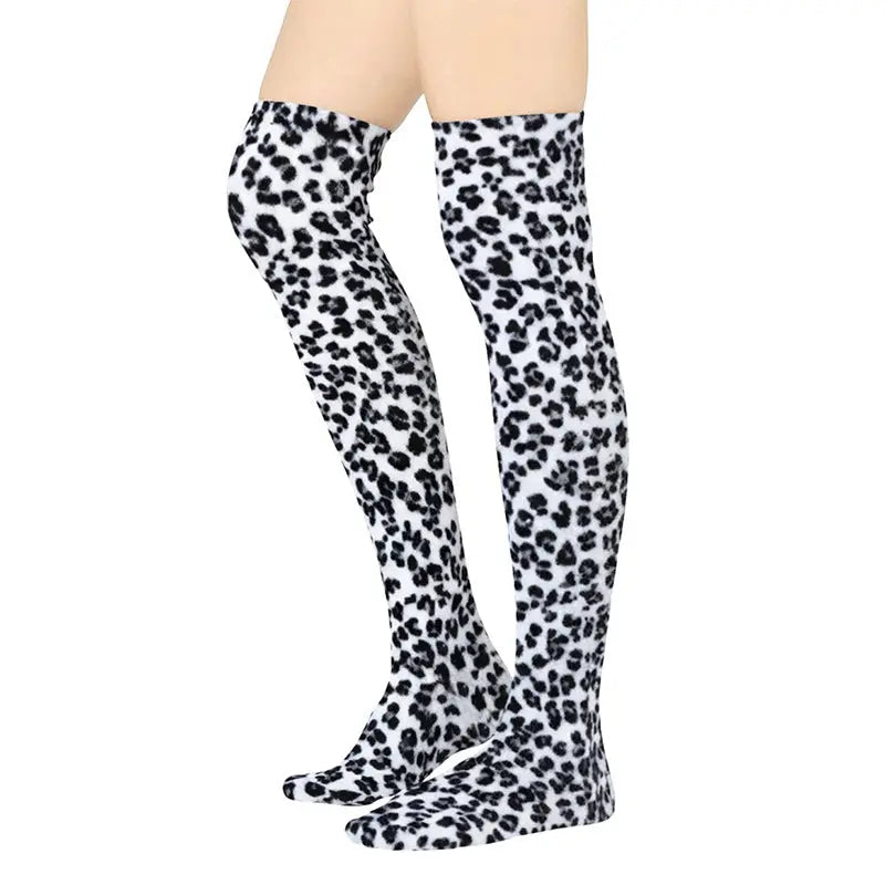 Over-the-knee fleece socks with snow leopard spots, full length black and white