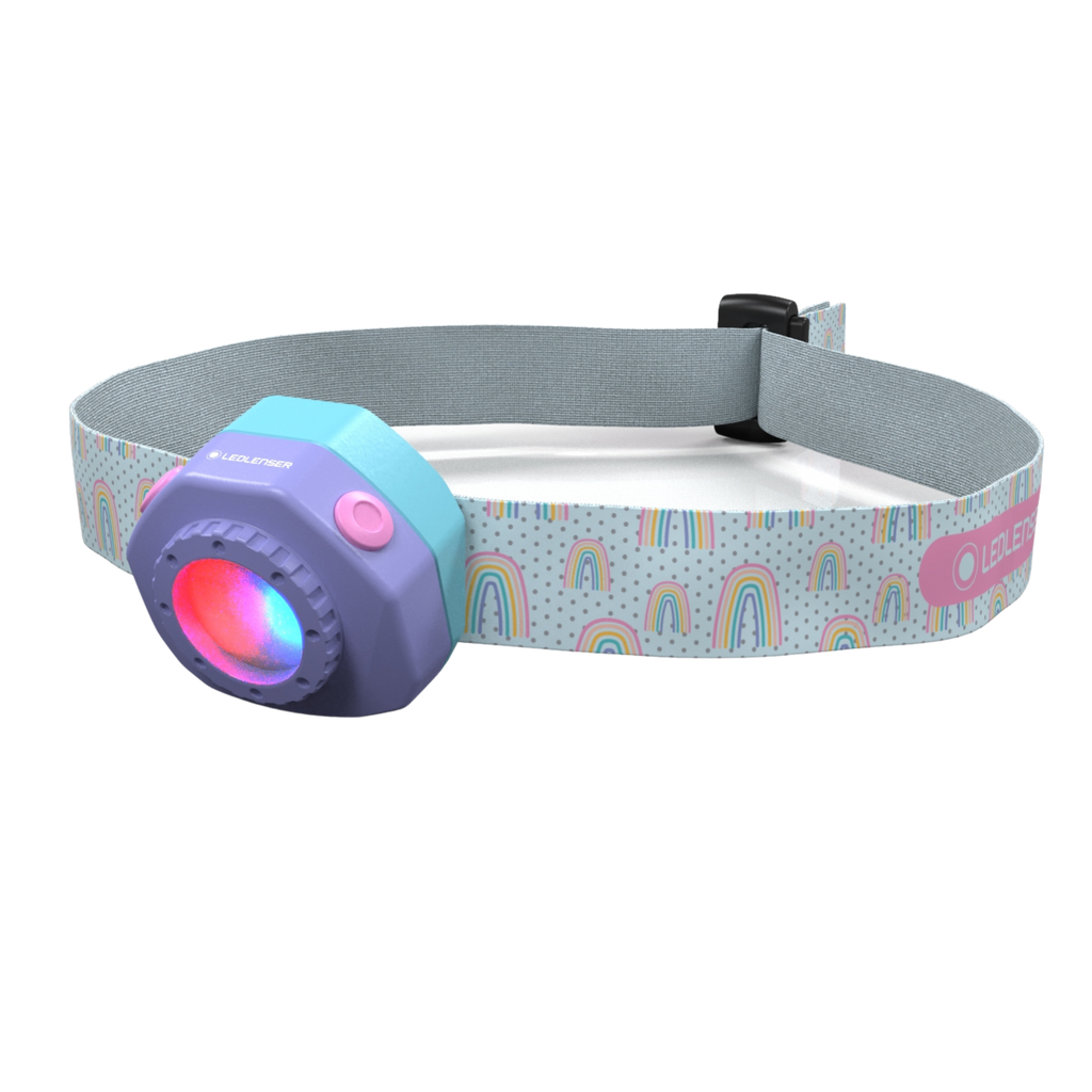Blue headlamp with pink lens and rainbow fabric strap
